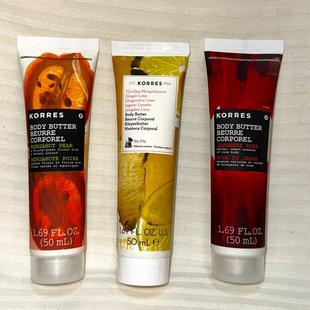NEW & SEALED! KORRES SET / LOT OF 3 YUMMY BODY BUTTERS 1.69 OZ EACH = 5.07 OZ
